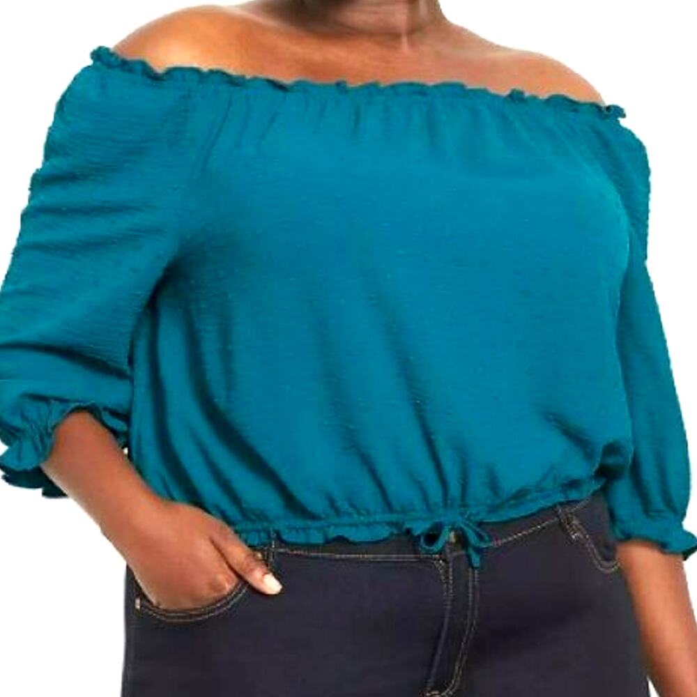 LANE BRYANT Women's 26/28 Teal 3/4 Sleeve Off-The-Shoulder Swiss Clip Dot Top